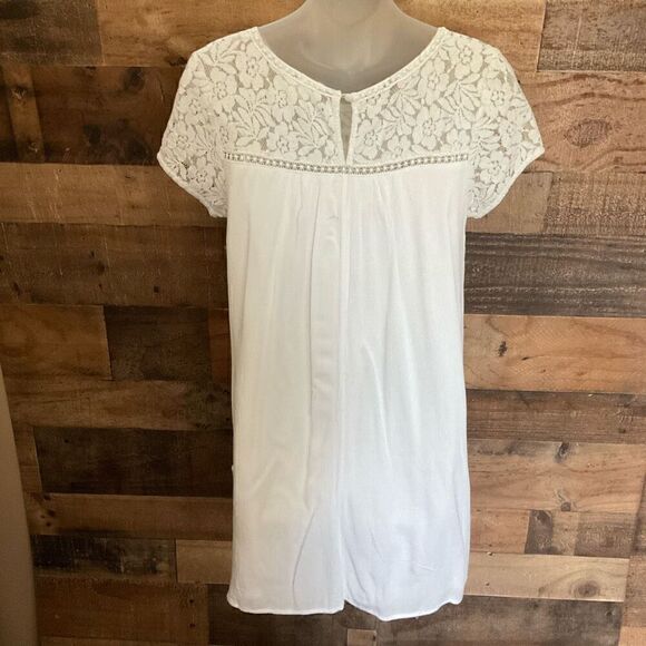 Peach Love Dress Mini Round Neck Lace Floral White Crinkle Fabric Lined Medium - Picture 9 of 10